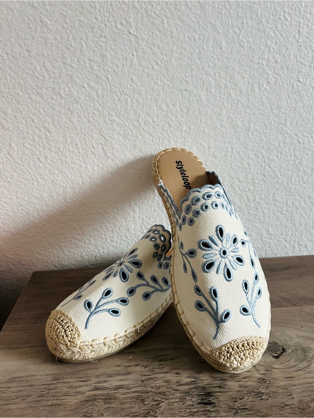 Cream Mule with Blue Floral Embroidery